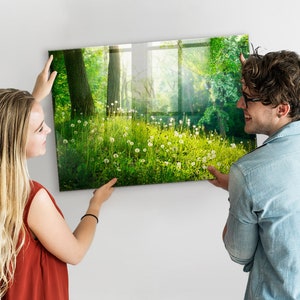 Centro de mando de vidrio con motivos naturales de primavera, tablero de notas magnético, tablero de mensajes verde, patrón de naturaleza