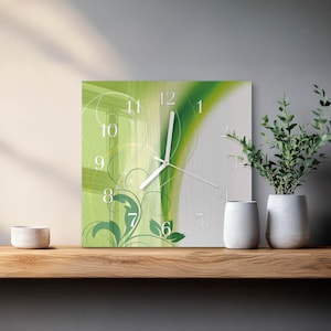 Flower Pattern Personalized Clock, Green Glass Hanging Clock - Square, Round or Rectangular Shape