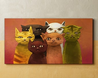 Toile oeuvre de chat, décoration de chambre rouge, oeuvre d'art murale orange, peintures d'animaux sur toile, impressions mignonnes