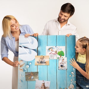 Seashells on wood, XXL Cork Board, Student&#39;s Notes Board, Push Pins, Custom Pattern, Photo Wall Display, Multicolour