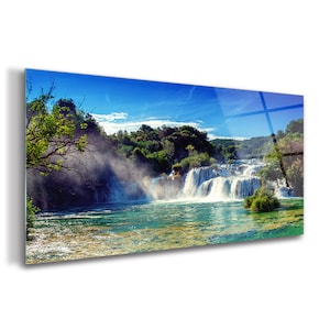 Panoramic Landscape Print On Tempered Glass , Green Tempered Glass, Blue Wall Decor, WaterfallGlass Print, Glassware, Birthday Gift