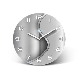 Reloj de pared industrial abstracto de metal, arte de pared moderno plateado, reloj de habitación minimalista gris, manecillas de reloj modernas en blanco o negro