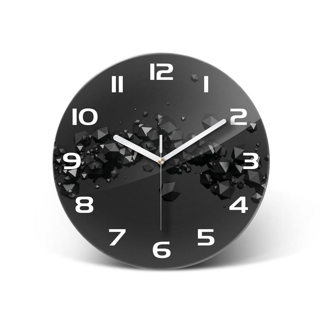 Abstract 3D Industrial Wall Clock, Black Glass Wall Print, Gray