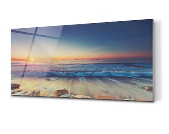 Sunrise Over The Sea Splashback For Kitchem, Orange Kitchen Backsplash, Blue Wall Protection, Landscape Tempered Glass Wall Art