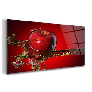 Red Apple Glass Wall Art, Red Glass Picture, Black Printing, Fruit Glass Print, Glassware, Birthday Gift, High Quality, Vivid Colors