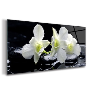 Impression sur verre fleur d'orchidée, impression noire sur verre trempé, décoration murale blanche, art mural floral, verre décoratif, cadeau d'anniversaire