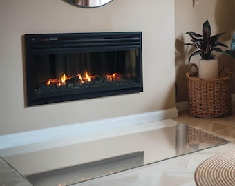 Color Light Cream Rectangular Fireplace Floor Plate, Creamy Fireplace Decoration, Glass Fireplace Hearth, Sleek Stove Hearth Plate