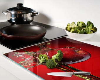 Apple And Water Pattern Chopping Board, Red Glass Cutting Board, Large Chopping Board, Kitchen Decor