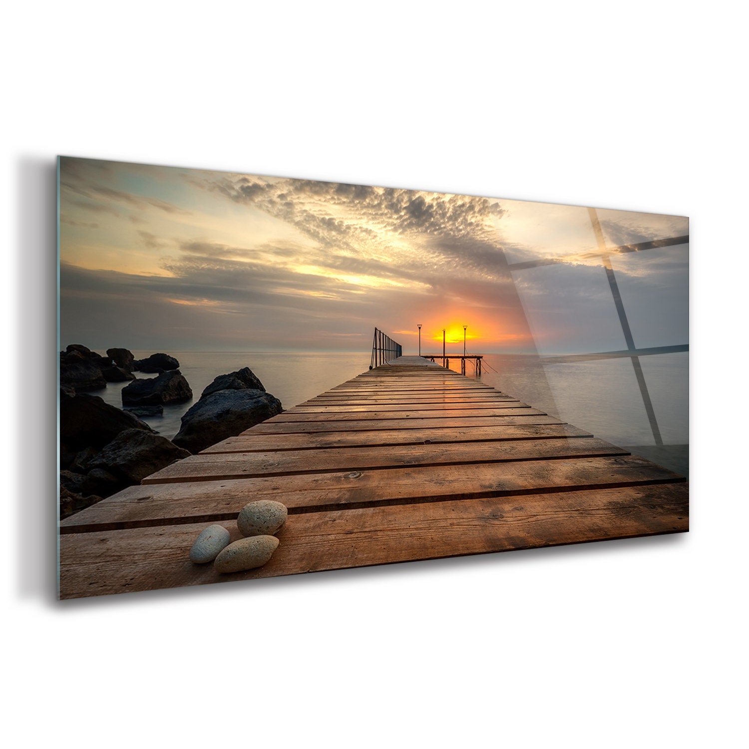 Impression paysage marin sur verre trempé, verre trempé marron, décoration murale grise, coucher de soleil, impression sur verre, verre décoratif, cadeau d'anniversaire