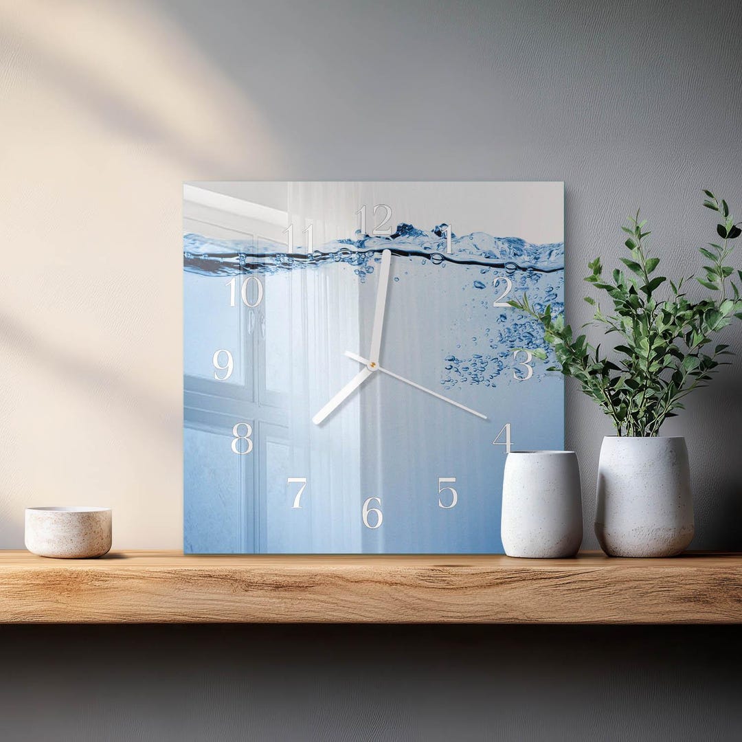 Square Water Clock Water Custom Wall Clock, Blue Glass Hanging Clock - Square, Round or ...
