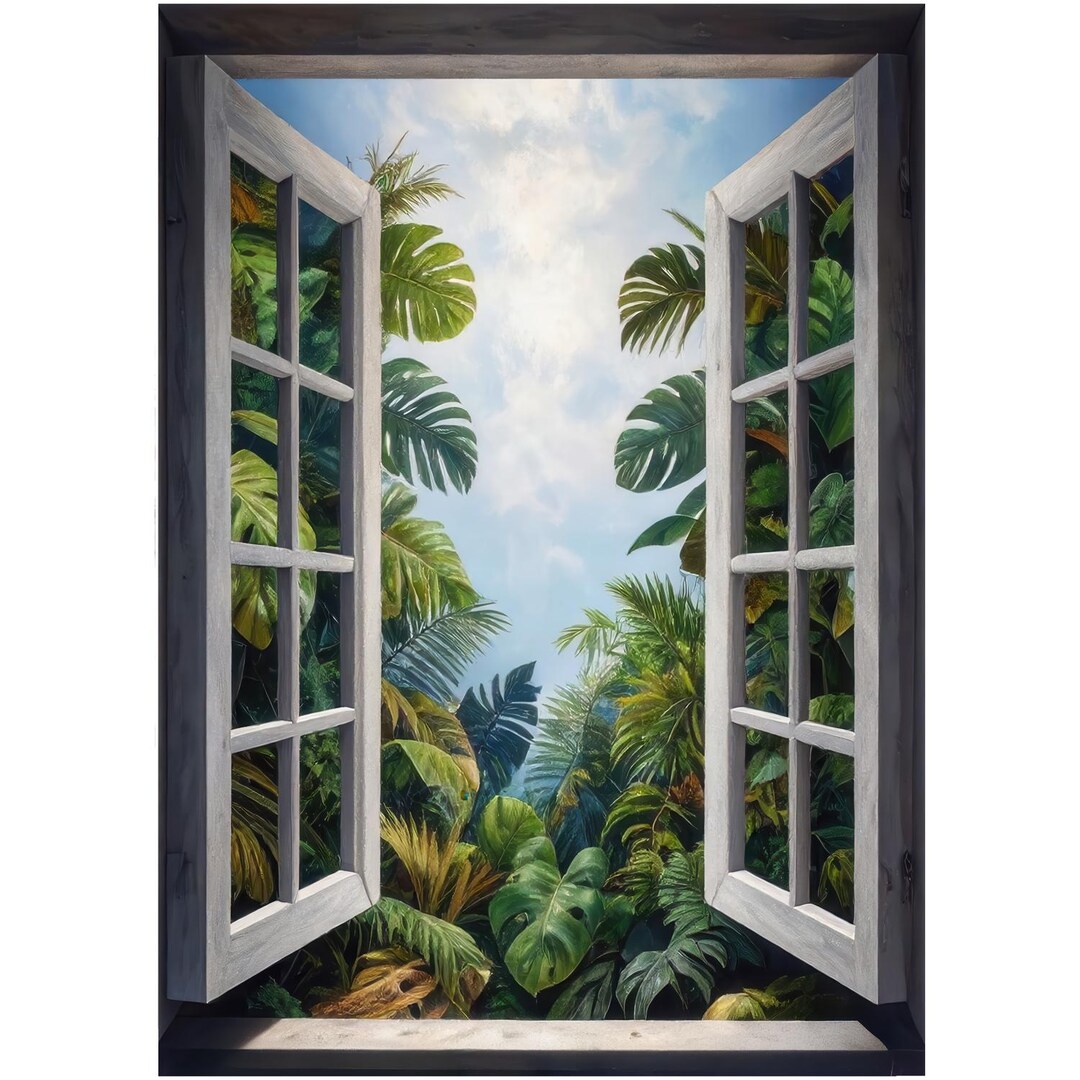3D Window Decal - Exotic View, Green Self-adhesive Wall Stickers ...