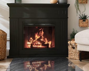 Stone Surface Texture Rectangular Fireplace Floor Plate, Black Fireplace Decoration, Glass Fireplace Hearth, Sleek Stove Hearth Plate