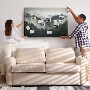 Forest Landscape, XXL Cork Board, Student's Note Board, Pins included, Custom Pattern, Photo Wall Display, Black and white
