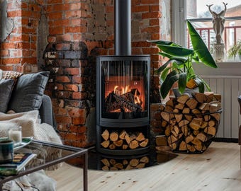 May include: A black cylindrical wood-burning stove with a glass door showing burning logs, positioned against a red brick wall. A black wire basket filled with chopped firewood sits next to the stove on a light wood floor.