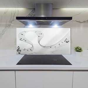 Treble Clef Kitchen Backsplash, White Splashback For Kitchem, Black Waterproof Panel, Music Tempered Glass Wall Protection