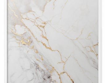 May include: Square framed artwork featuring a white marble design with gold veining. The marble pattern has a natural, flowing appearance, with the gold accents adding a touch of luxury. The frame is white.