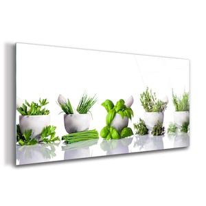 Mortars Glass Wall Art, Green Glass Picture, White Printing, Herbs Glass Print, Decorative Glass, Birthday Gift, High Quality
