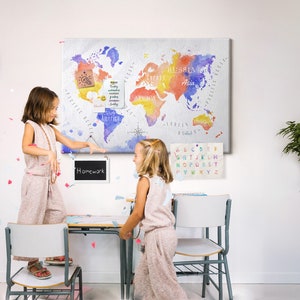 Watercolor World Map, Travel Tracker, Size XXL, Multicolor, Pins included, Pinboard, Visited Countries Map