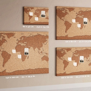 Carte du monde en liège, tracker de voyage, taille XXL, punaises, tableau d'affichage, carte de voyage, marron image 7