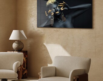 Tableau Déco Impression Sur Verre 120x80cm – Motif Bouche Et Or, Noir