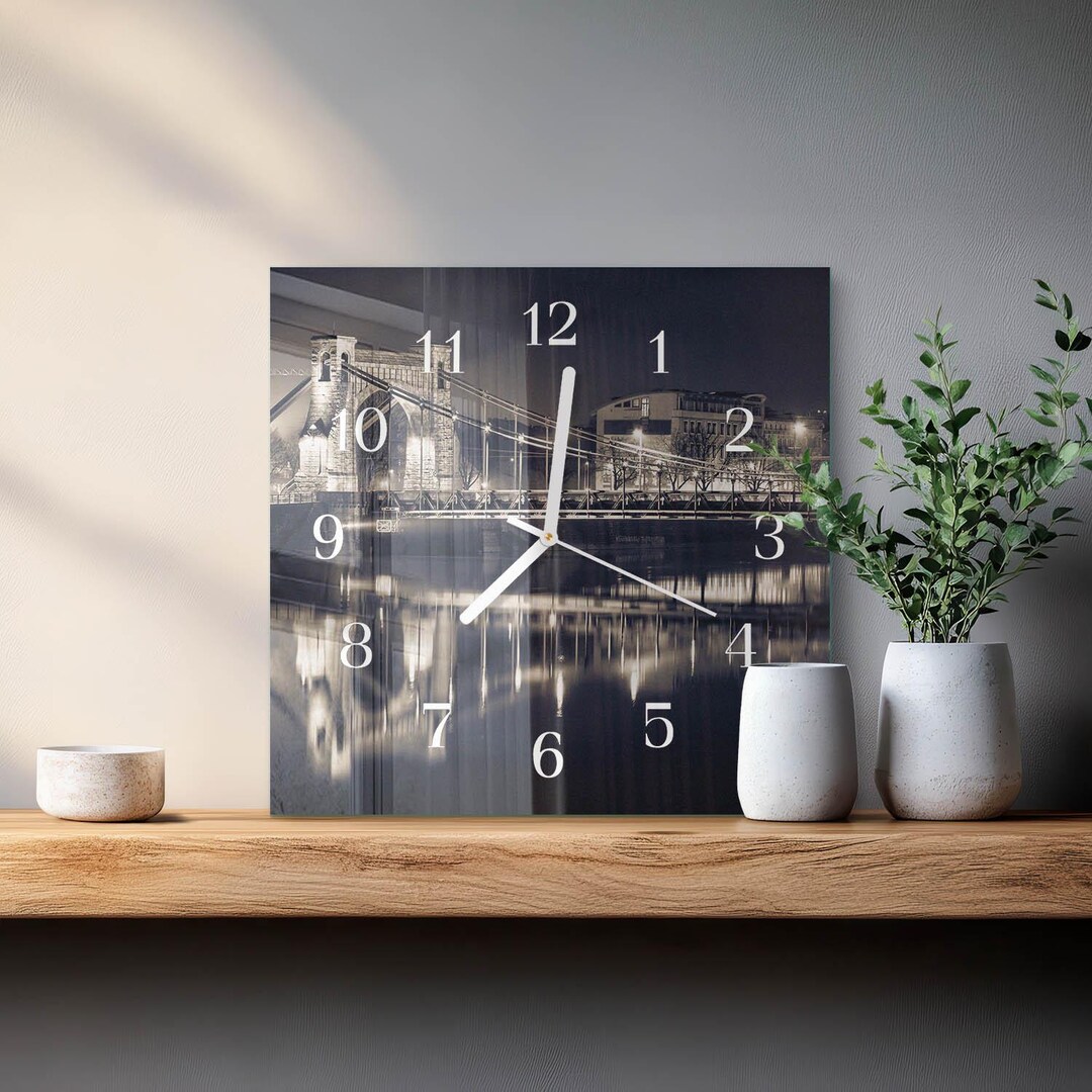 Bridge Personalized Clock, Black Glass Modern Wall Clock - Square or ...