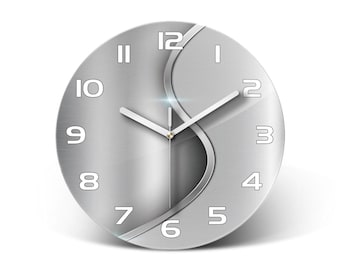 Abstrakte industrielle Wanduhr aus Metall, moderne Wandkunst in Silber, minimalistische Zimmeruhr in Grau, moderne Uhrzeiger in Schwarz oder Weiß
