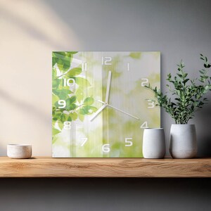 Square Clock Frame Leaves Square Wall Clock, Green Custom Glass Wall Clock, Flowers and ...