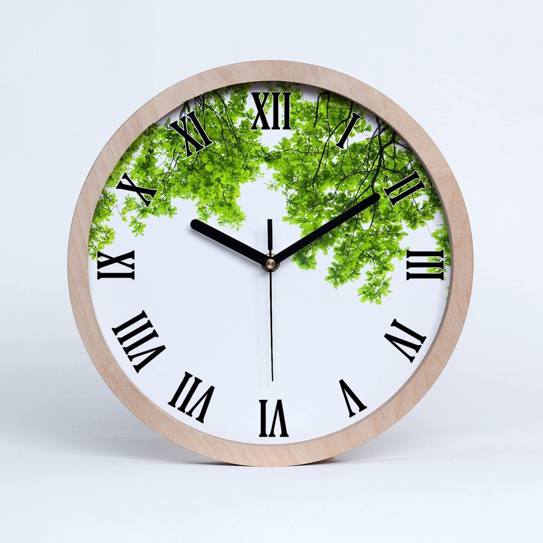 Oak Leaves Tree Wall Clock, Green Home Office Decoration, White Gift for Women, Natural, Print