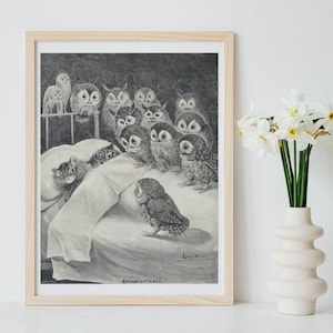 Impression d'art cauchemar de chats Louis Wain | Décoration murale| Hiboux chats mignons | Dessin noir et blanc | Illustration vintage de peinture | Sans cadre