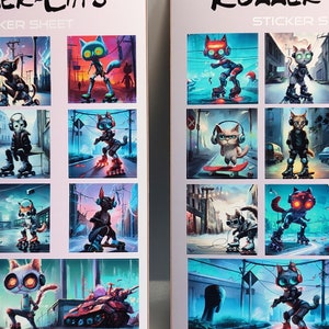 Puede incluir: Dos hojas de pegatinas con una variedad de ilustraciones coloridas de gatos en patines y monopatines. Las hojas de pegatinas están etiquetadas como "Roller-Cats Sticker Sheet".