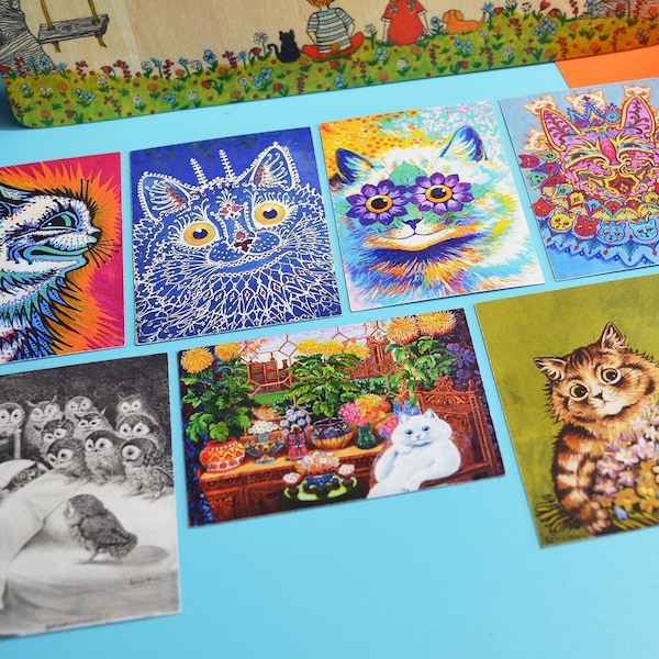 Louis Wain Cat Fridge Magnet 7 Pack Flexible Decorative Abstract Psychedelic Vintage Illiustrations and Paintings Flowers Cats Nightmare