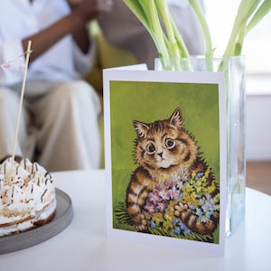Biglietto d'auguri Louis Wain Biglietto per appunti con gatto Biglietto per appunti vuoto Illustrazione vintage Pittura Compleanno Grazie Verde con mazzo di fiori