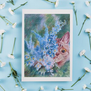 Louis Wain Carte de vœux Chat Notecard Carte de note vierge vintage Illustration Peinture Anniversaire Merci Peeking Fleurs bleues