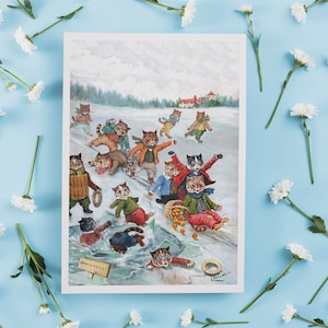Carte de voeux Louis Wain Carte de correspondance de chat Carte de correspondance vierge Illustration vintage Peinture Anniversaire Merci Jour de neige