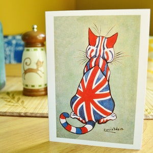 Louis Wain Carte de vœux Chat Notecard Carte de note vierge vintage Illustration Peinture Anniversaire Merci Union Jack Flag
