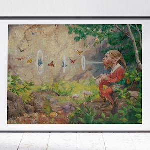 Pode incluir: Uma pintura de uma criatura caprichosa com orelhas pontudas e uma longa barba, sentada em um ambiente de floresta. A criatura está soprando anéis de fumaça, que são cercados por borboletas coloridas.