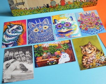 Louis Wain Cat Fridge Magnet 7 Pack Flexible Decorative Abstract Psychedelic Vintage Illiustrations and Paintings Flowers Cats Nightmare
