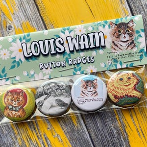 Louis Wain Cat Buttons Badges Pins | Set of 4 Pinbacks | Vintage Cat Art|  | 25mm  1in | Gifts for Cat Lovers and Children | Retro