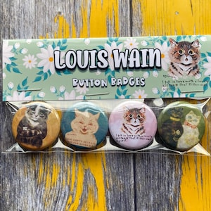 Louis Wain Cat Buttons Badges Pins | Set of 4 Pinbacks | Vintage Cat Art|  | 25mm  1in | I Fell in Love with a Kitten | Bride Groom | Grumpy