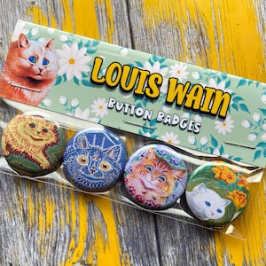 Louis Wain Cat Buttons Badges Pins | Set of 4 Pinbacks | Vintage Cat Art|  | 25mm  1in | Gifts for Cat Lovers and Children | Retro
