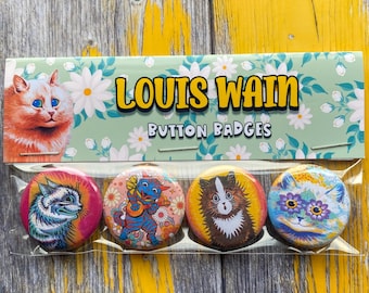 Louis Wain Psychedelic Cat Buttons Badges Pins | Set of 4 Pinbacks | Vintage Cat Art|  | 25mm  1in | Gifts for Cat Lovers and Children