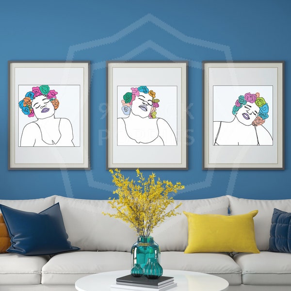 Femmes noires Art mural dessin au trait estampes | | minimaliste Femmes avec couronnes de fleurs | Décor Set de 3 | | corporel positif | afro-américain