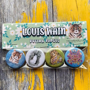 Louis Wain Cat Buttons Badges Pins | Set of 4 Pinbacks | Vintage Cat Art|  | 25mm  1in | Gifts for Cat Lovers and Children | Retro