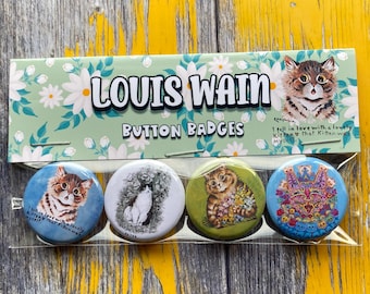 Louis Wain Cat Buttons Badges Pins | Set of 4 Pinbacks | Vintage Cat Art|  | 25mm  1in | Gifts for Cat Lovers and Children | Retro
