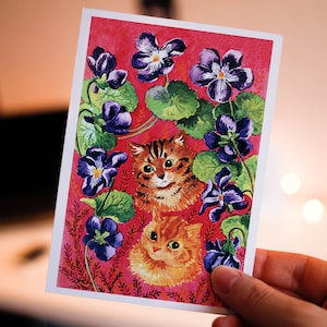 Carte de voeux Louis Wain Carte de correspondance chat Carte de correspondance vierge Illustration vintage Peinture Anniversaire Merci Fleurs roses