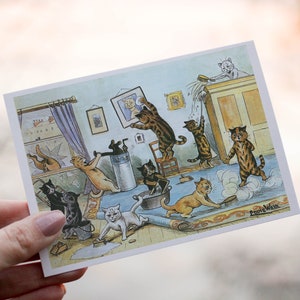 Carte de voeux drôle de chat | Louis Wain | Nettoyage de printemps | Carte de correspondance vierge | Illustration vintage de peinture | Anniversaire Merci pendaison de crémaillère |