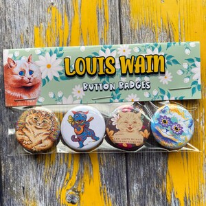 Louis Wain Cat Buttons Badges Pins | Set of 4 Pinbacks | Vintage Cat Art|  | 25mm  1in | Gifts for Cat Lovers and Children | Retro