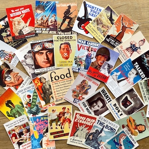 May include: A collection of vintage World War II propaganda posters with various messages and images, including a pig, a soldier, a woman, and a plane. The posters are printed on paper and have a distressed, aged look.