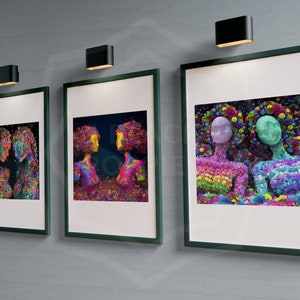 May include: Three framed art prints with abstract figures. The figures are composed of colorful, textured elements, with vibrant hues of pink, purple, green, and yellow. The frames are dark green, and the artwork is displayed on a gray wall.