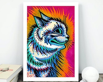 Louis Wain Cat Print | Pink Wall Art Hanging Decor | Abstract Psychedelic | Bright Colorful Gift for Cat Lovers | Vintage Painting |Unframed